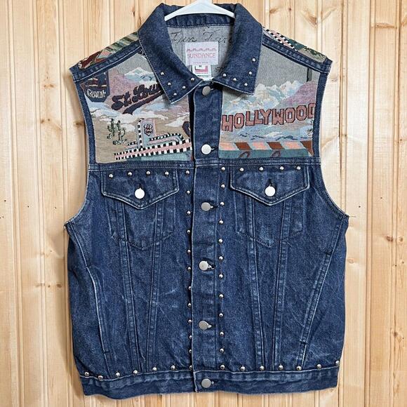 VTG Sundance Vest Denim Needlepoint Route 66 Get Your Kicks Hollywood USA Sz M - Picture 2 of 15